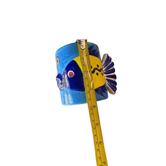 Hand-Painted Mexican Ceramic Fish Mug Set Blue & Yellow Artisan-Made Unique Tail - Picture 8 of 8